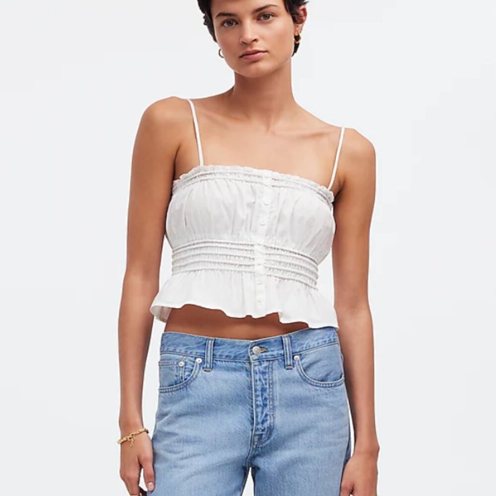 NWT Madewell Smocked Button-Front Cropped Top in Poplin White L